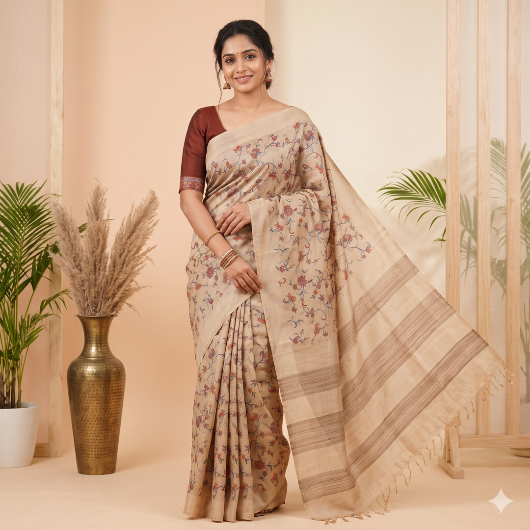 Kuberan Ivory Cream Floral Pure Banarasi Silk Saree