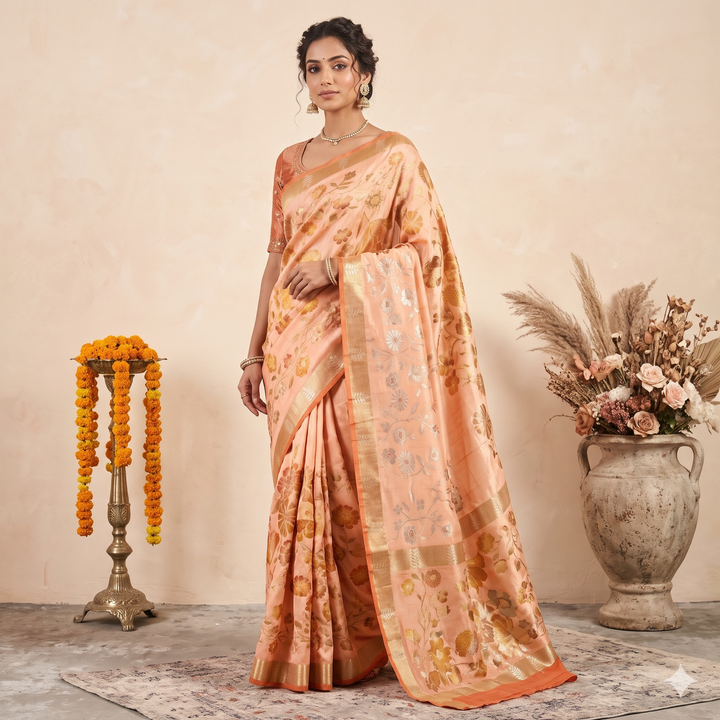 Kuberan Pink Floral Vine Chiffon Saree