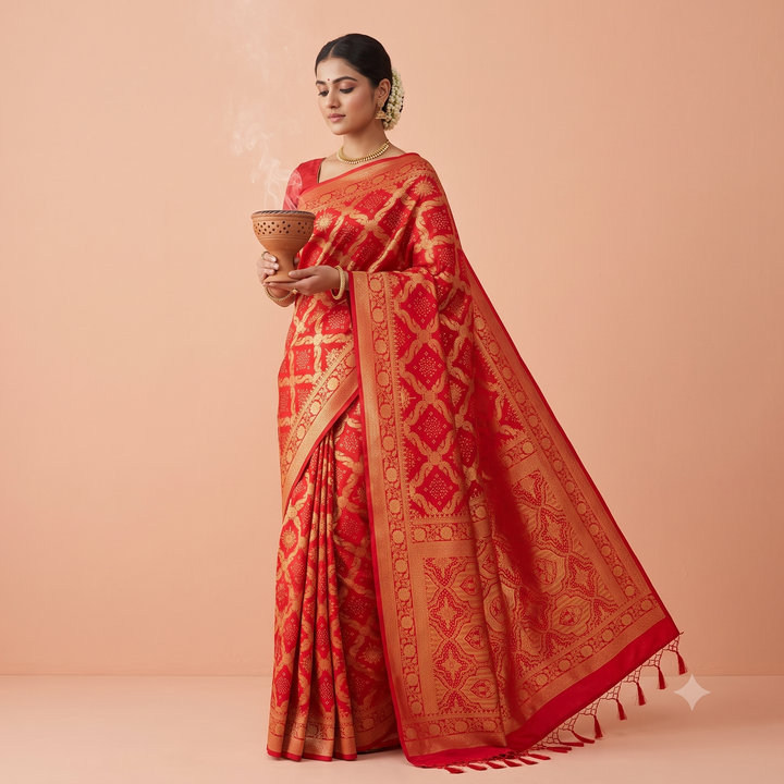 Kuberan Red Bandhani Brocade Fancy Saree