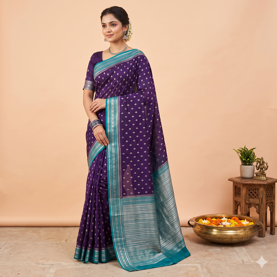KUBERAN PURPLE WITH BLUE KHADDI GEORGETTE SAREE