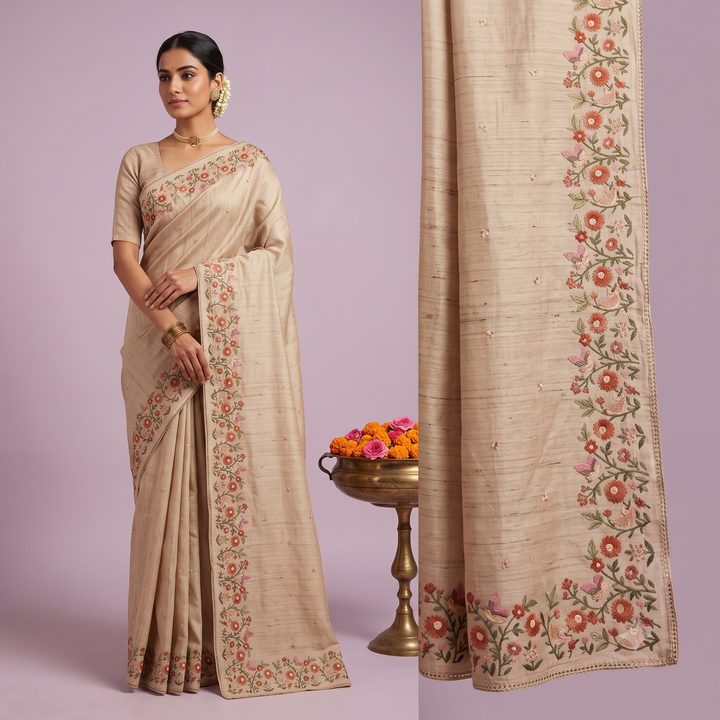 KUBERAN BEIGE PURE TUSSAR SILK SAREE