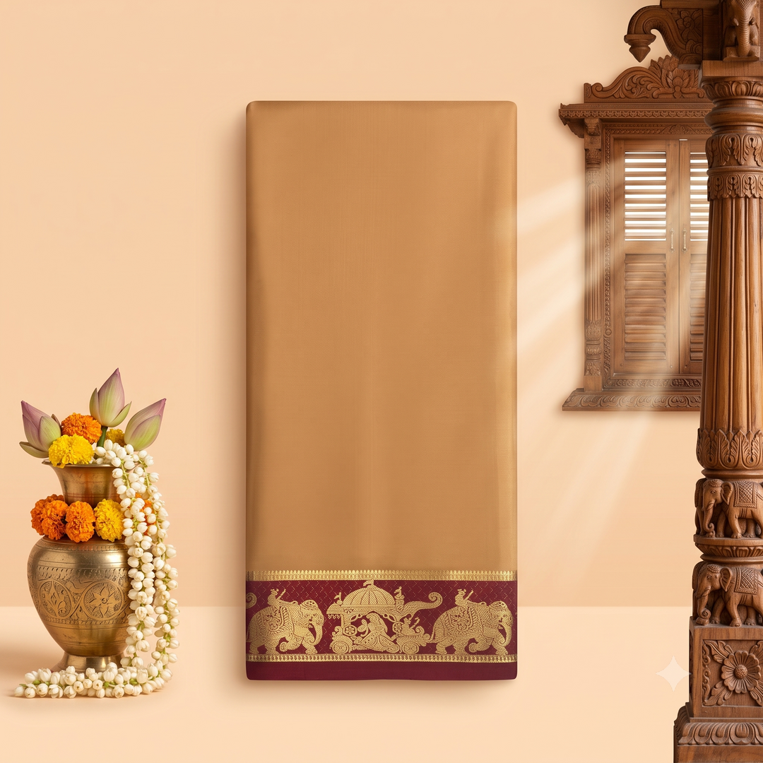 KUBERAN PALE BROWN WITH MAROON PURE MYSORE CREPE SILK SAREE