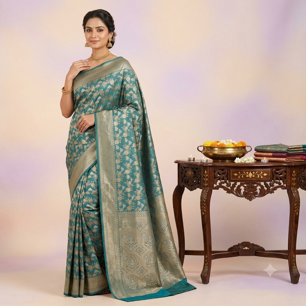 KUBERAN PEACOCK BLUE PURE BANARASI SILK SAREE