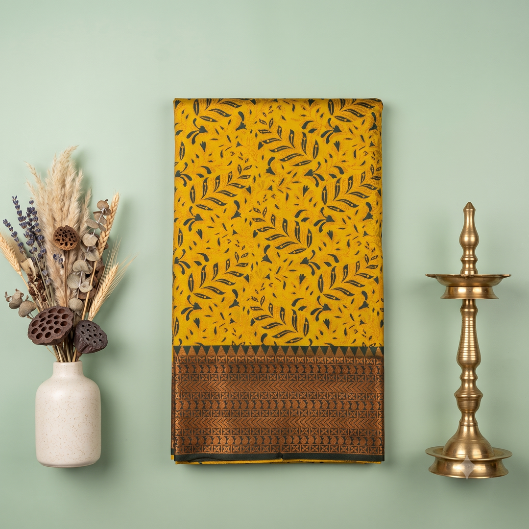 KUBERAN MUSTARD YELLOW LEAF VINE PRINT RAW SILK SAREE