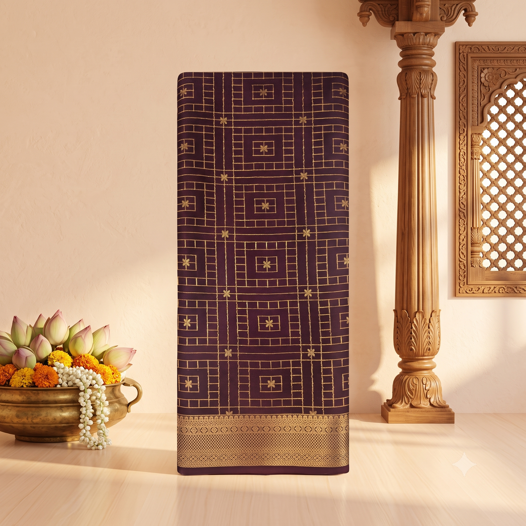 KUBERAN BROWN CHECKS PURE MYSORE CREPE SILK SAREE