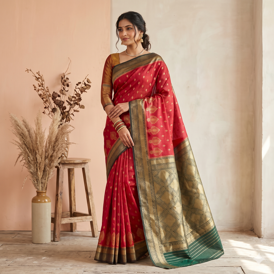 KUBERAN PINK WITH GREEN RAW SILK SAREE