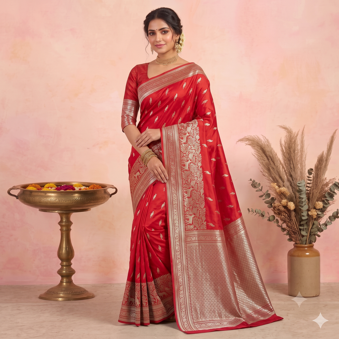 KUBERAN RED SEMI BANARASI SILK SAREE