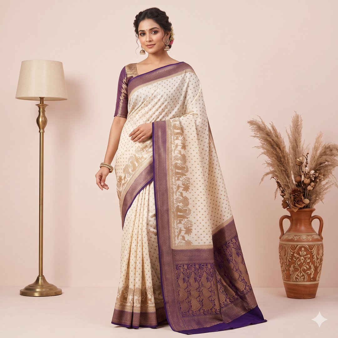 KUBERAN WHITE WITH BLUE KHADDI GEORGETTE SAREE