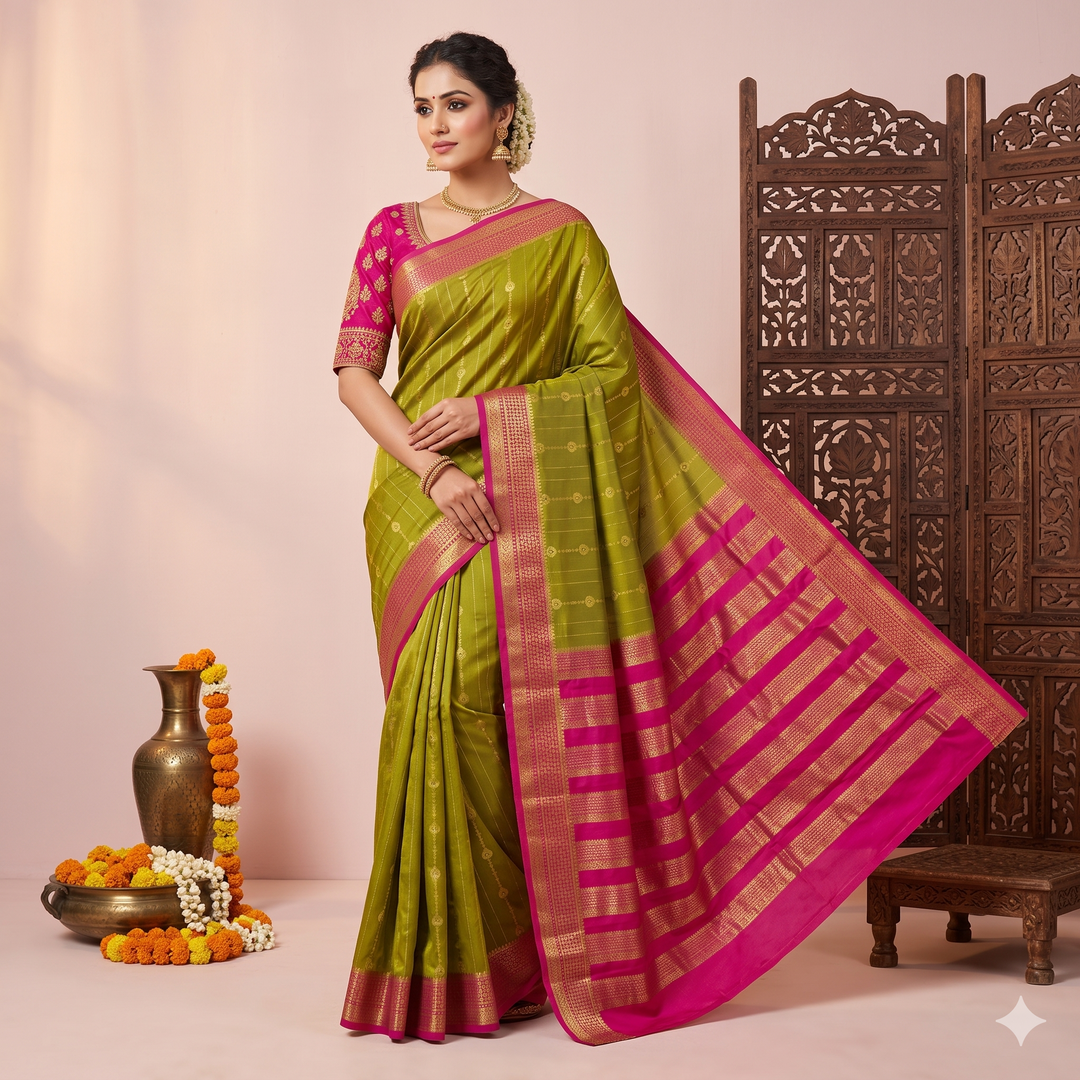 KUBERAN GREEN WITH PINK PURE MYSORE CREPE SILK SAREE