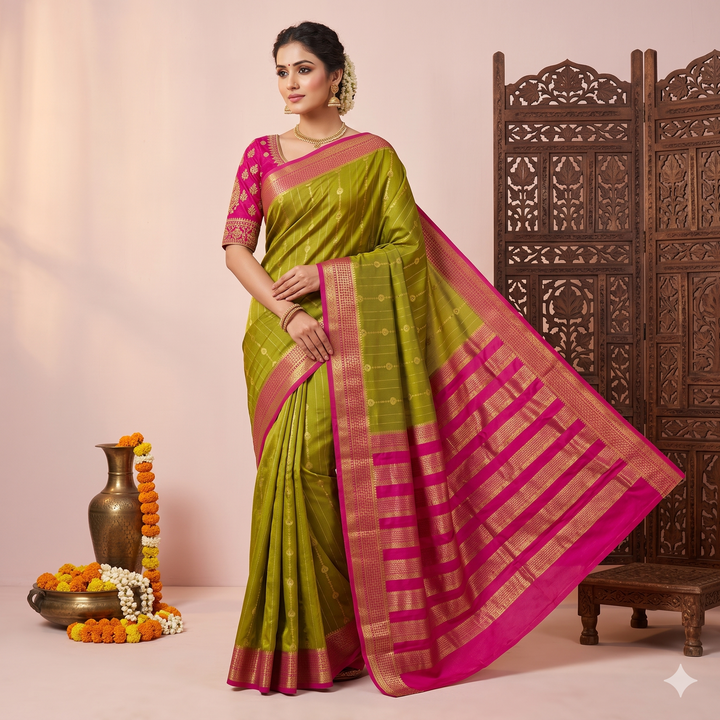KUBERAN GREEN WITH PINK PURE MYSORE CREPE SILK SAREE