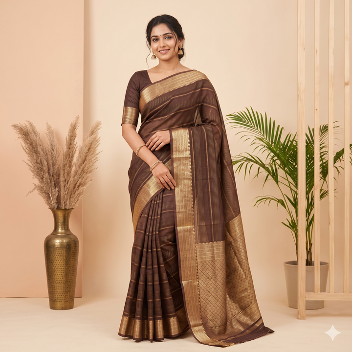 Kuberan Brown Striped Chiffon Saree