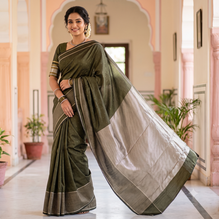KUBERAN OLIVE GREEN PURE BANARASI SAREE
