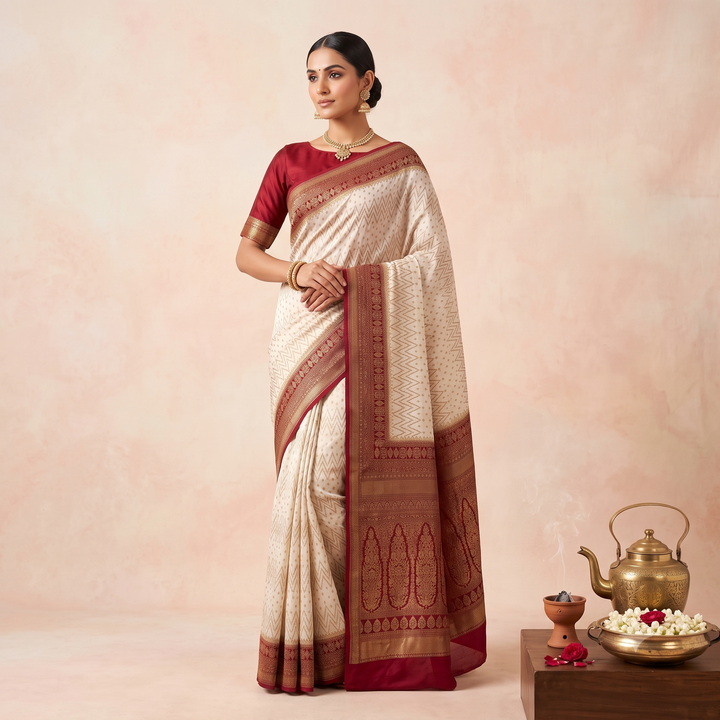 KUBERAN WHITE WITH RED PURE BANARAS GEORGETTE SAREE