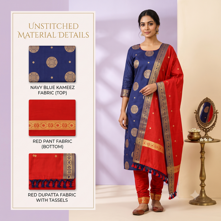 Kuberan Navy Blue and Red Pure Silk Dress Material with Gold Motifs