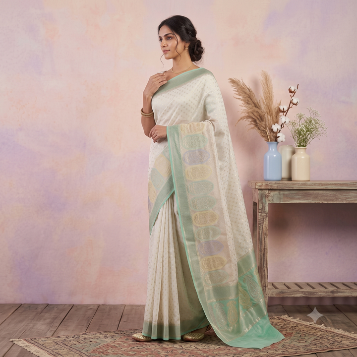 KUBERAN WHITE WITH PASTEL PALLU PURE BANARAS GEORGETTE SAREE