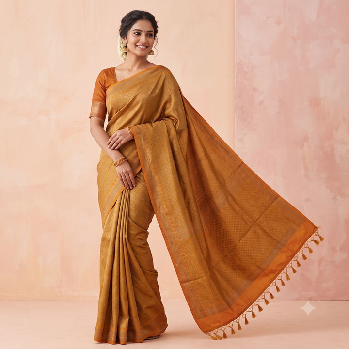 Mustard gold saree with Nemi Zari Work and tassel-finished pallu