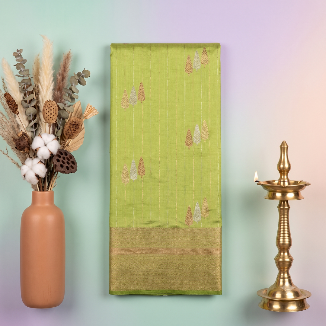 KUBERAN PARROT GREEN RAW SILK SAREE