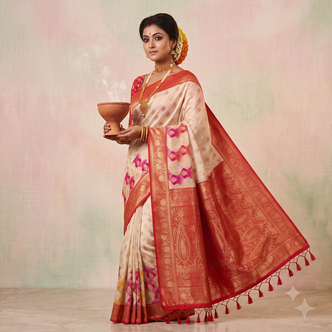 KUBERAN WHITE WITH RED SEMI TUSSAR SILK SAREE