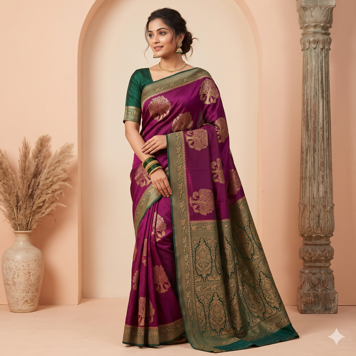 KUBERAN BURGUNDY WITH GREEN KHADDI GEORGETTE SAREE