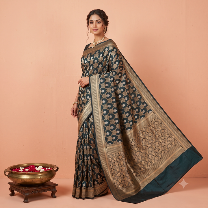 KUBERAN BOTTLE GREEN PURE BANARASI HANDLOOM SAREE