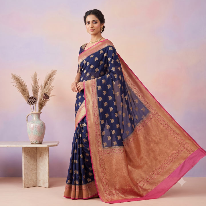 KUBERAN BLUE WITH RED BANARAS GEORGETTE SAREE