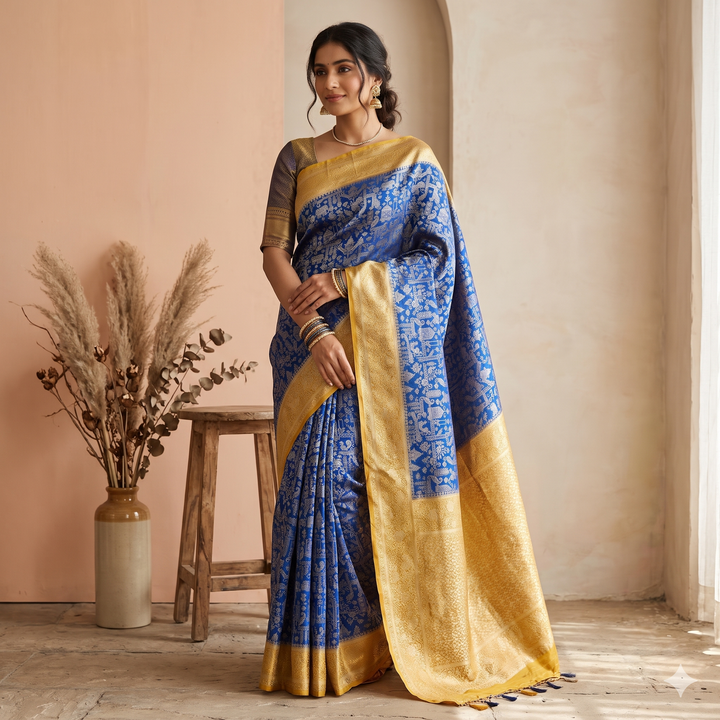 KUBERAN BLUE WITH YELLOW RAW SILK SAREE
