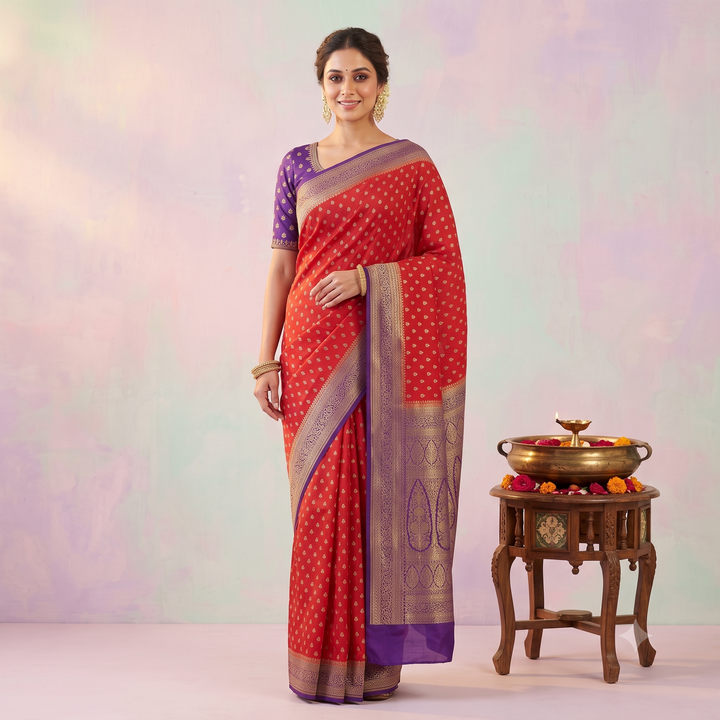 KUBERAN RED WITH BLUE BANARAS GEORGETTE SAREE