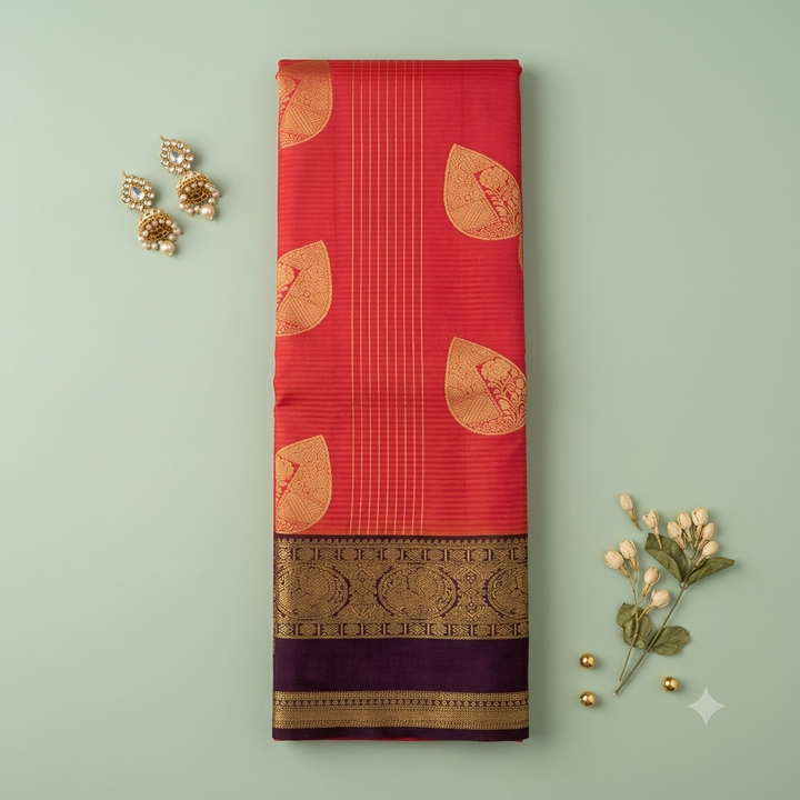 KUBERAN ORANGE WITH BURGUNDY PURE SILK SAREE