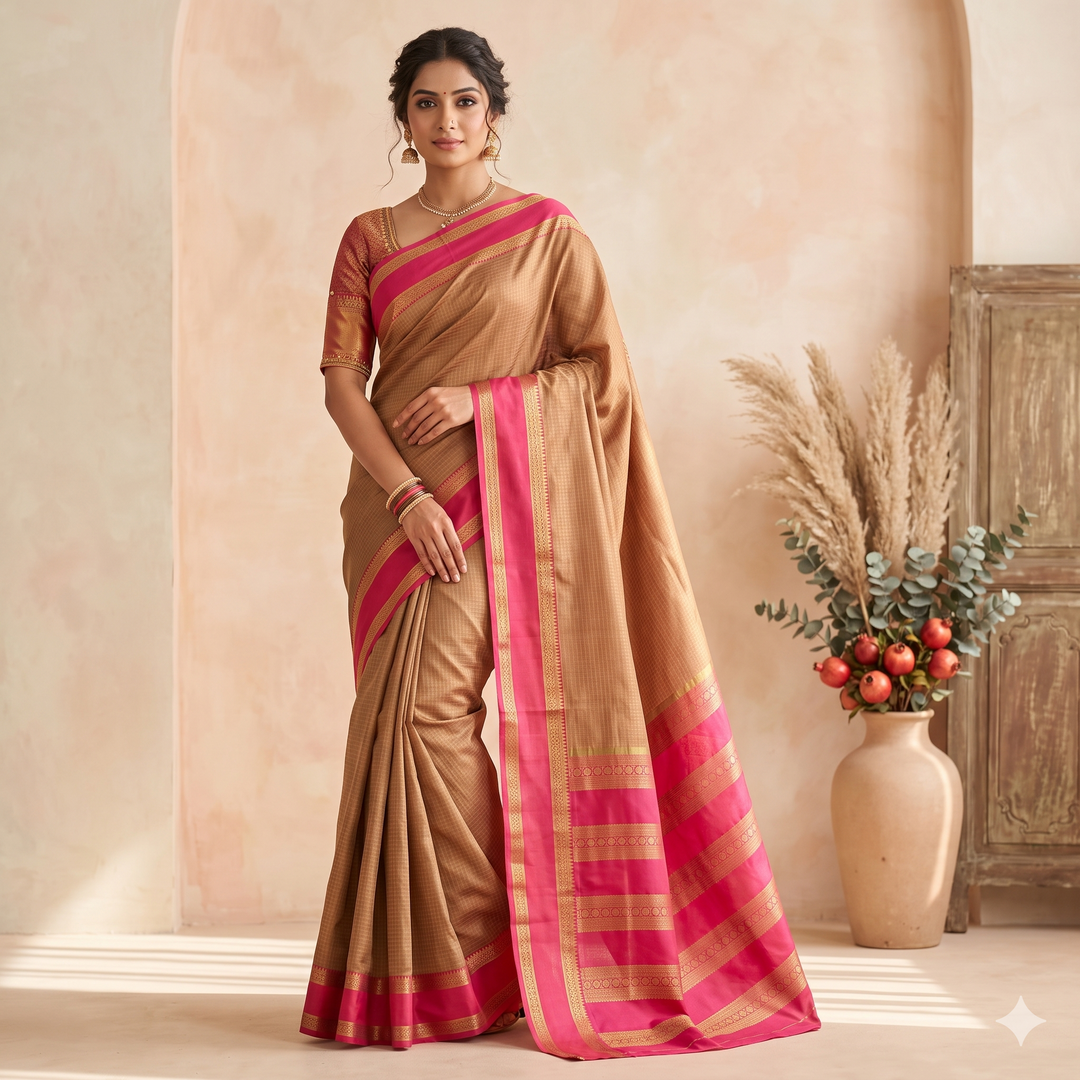 KUBERAN PALE BROWN PURE MYSORE CREPE SILK SAREE