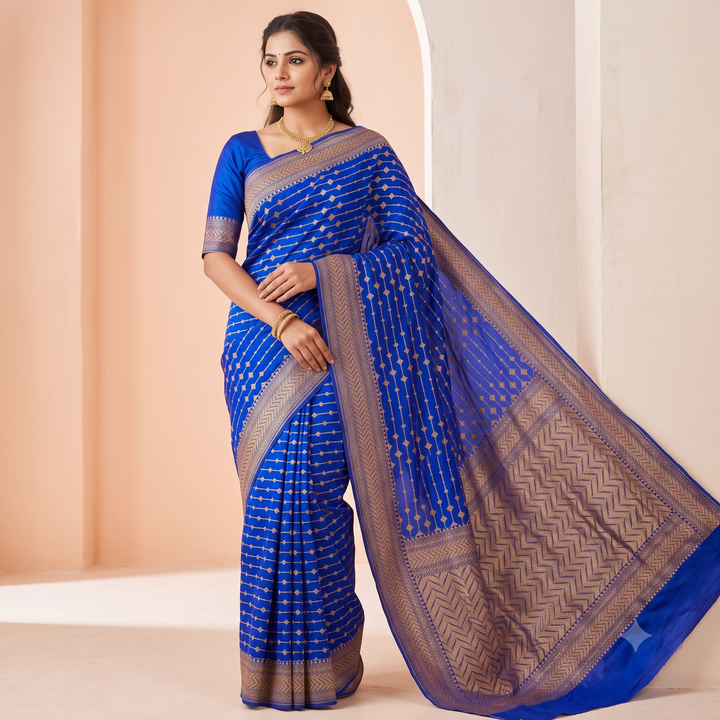 KUBERAN ROYAL BLUE PURE KHADDI GEORGETTE  SAREE