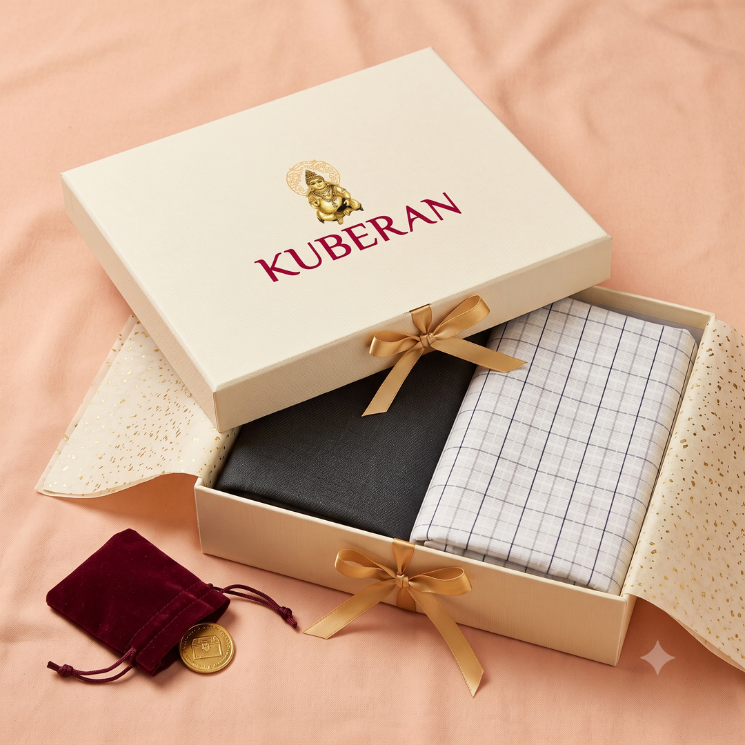 Dark charcoal and light checked fabrics in a cream KUBERAN gift box with gold-toned ribbons
