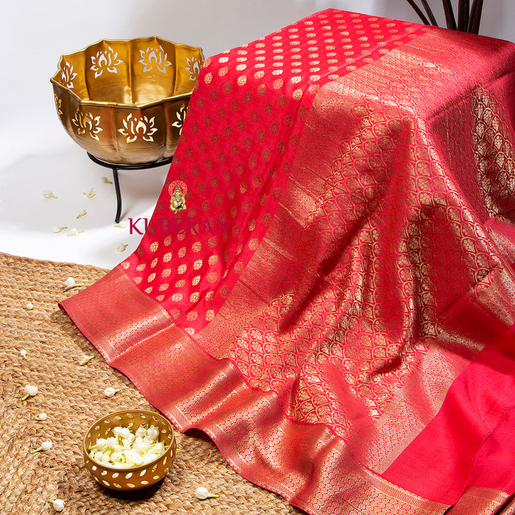 Kuberan Coral Red Mysore Silk Saree