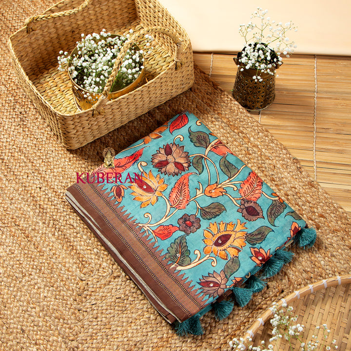 Kuberan Tiffany Blue Kalamkari Tusser Saree