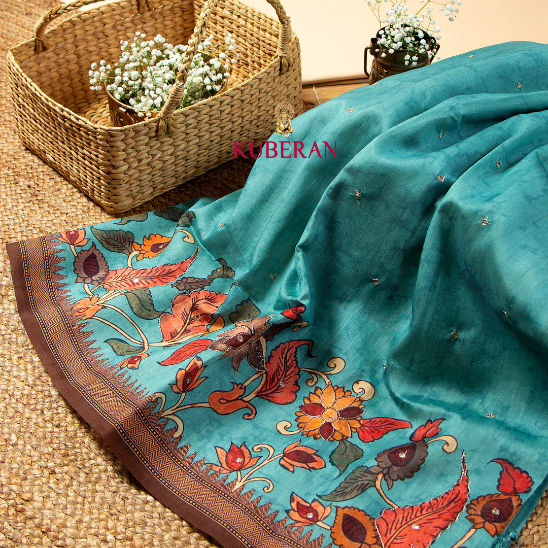 Kuberan Tiffany Blue Kalamkari Tusser Saree