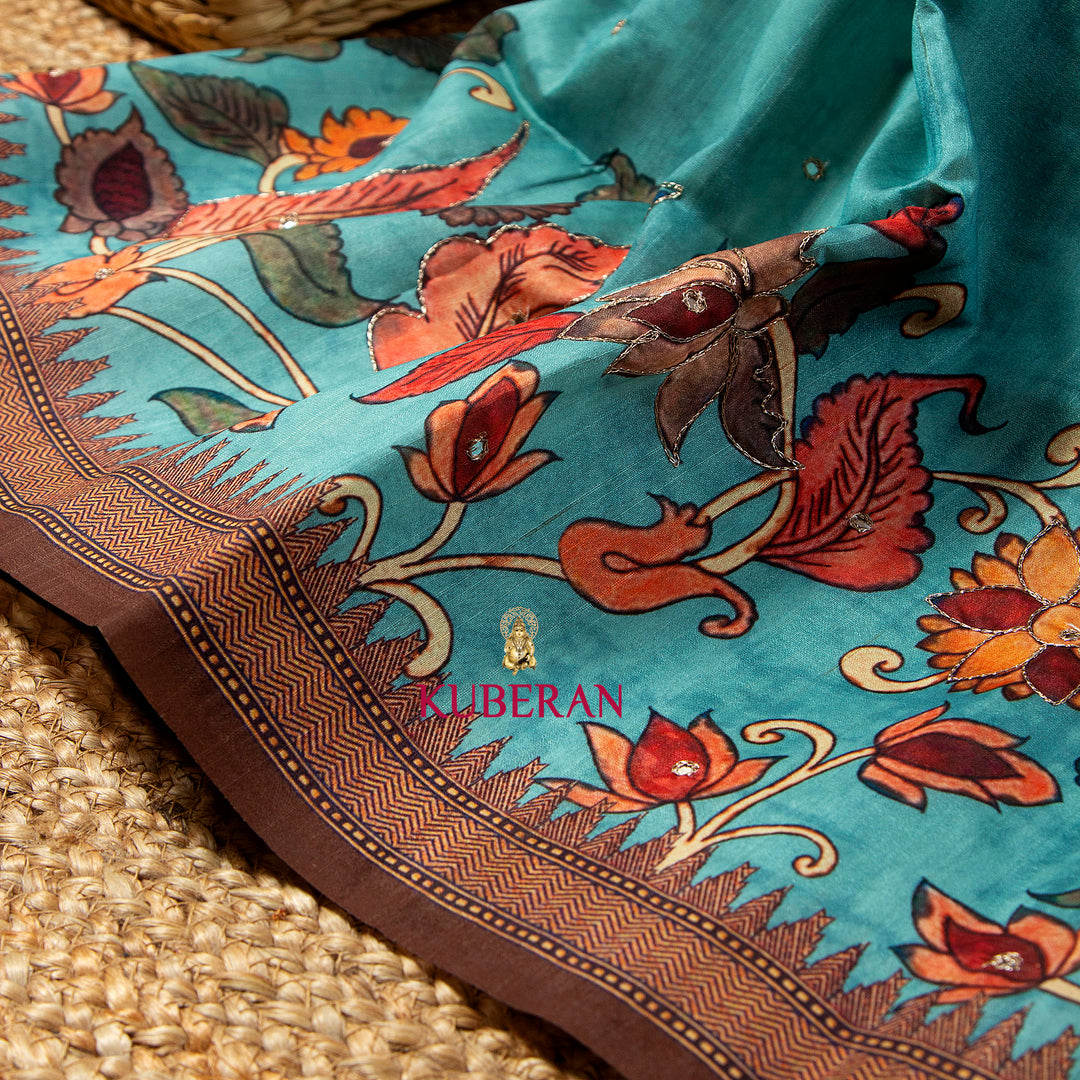 Kuberan Tiffany Blue Kalamkari Tusser Saree