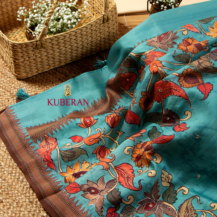 Kuberan Tiffany Blue Kalamkari Tusser Saree