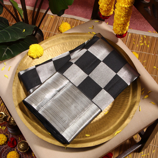 Kuberan silver and black checks Kanchivaram Saree