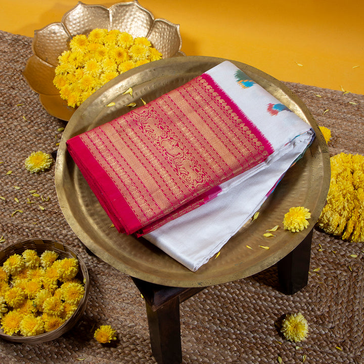 Kuberan Pastel Grey With Rose Red Pochampally Silk Saree