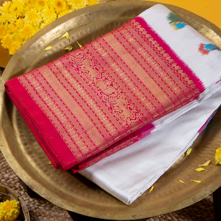 Kuberan Pastel Grey With Rose Red Pochampally Silk Saree