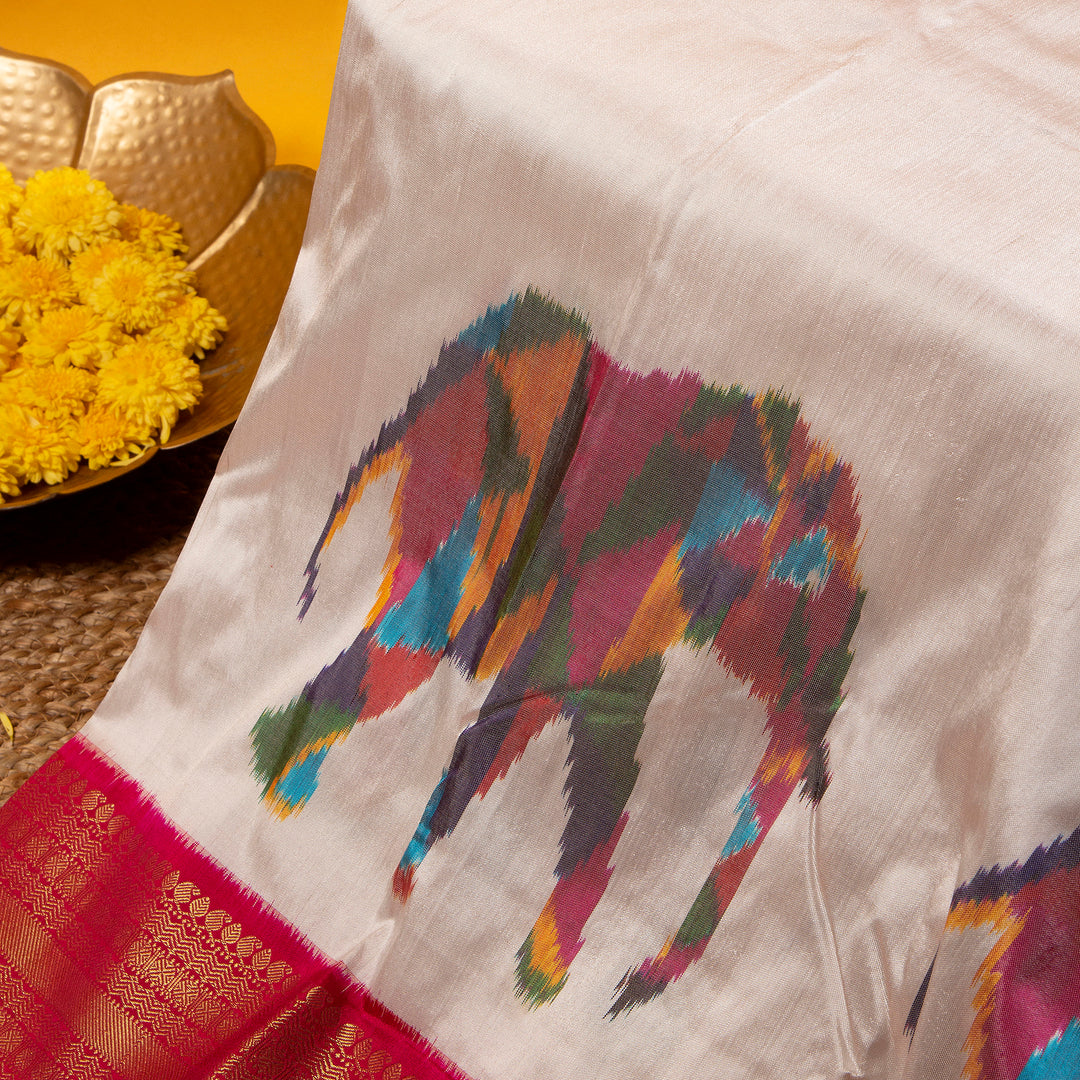 Kuberan Pastel Grey With Rose Red Pochampally Silk Saree