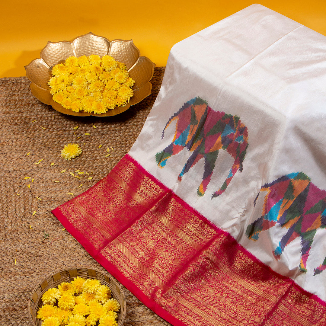 Kuberan Pastel Grey With Rose Red Pochampally Silk Saree