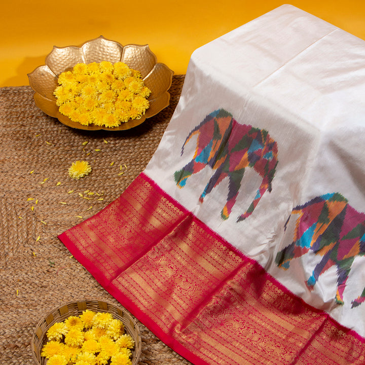 Kuberan Pastel Grey With Rose Red Pochampally Silk Saree