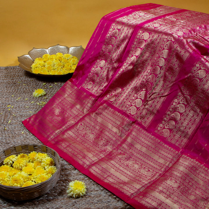 Kuberan Pastel Grey With Rose Red Pochampally Silk Saree