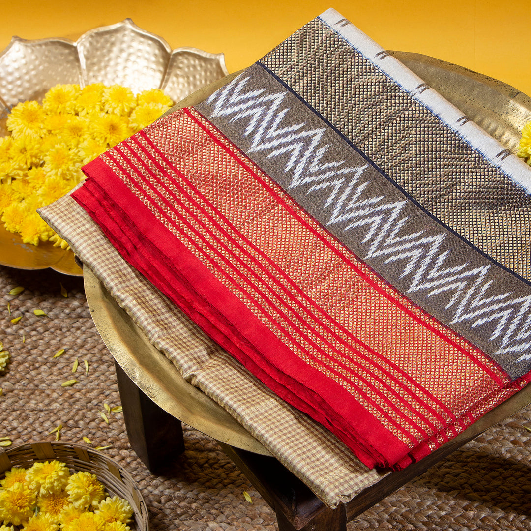 Kuberan Coffee Brown With Cherry Red Pochampally Silk Saree