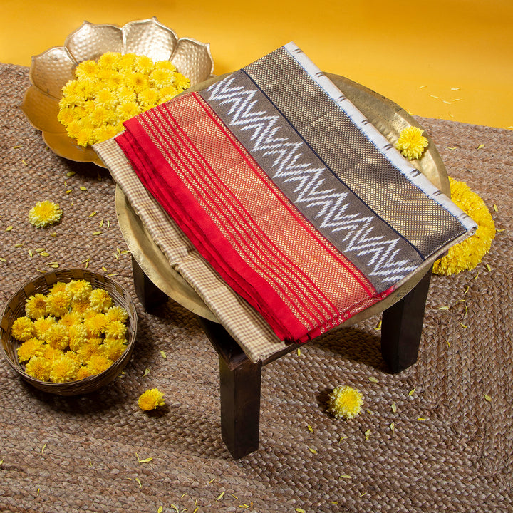 Kuberan Coffee Brown With Cherry Red Pochampally Silk Saree