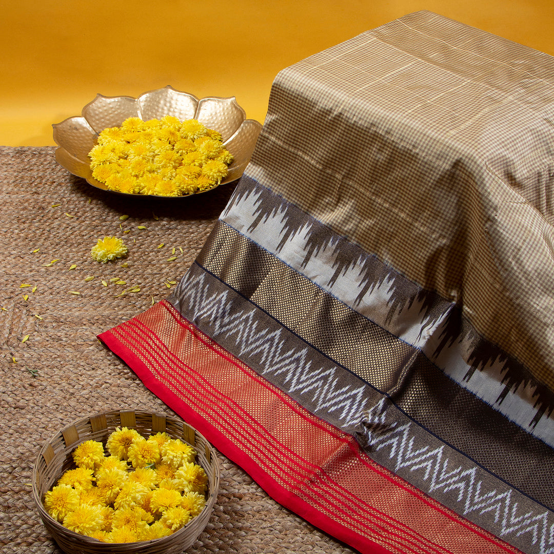 Kuberan Coffee Brown With Cherry Red Pochampally Silk Saree