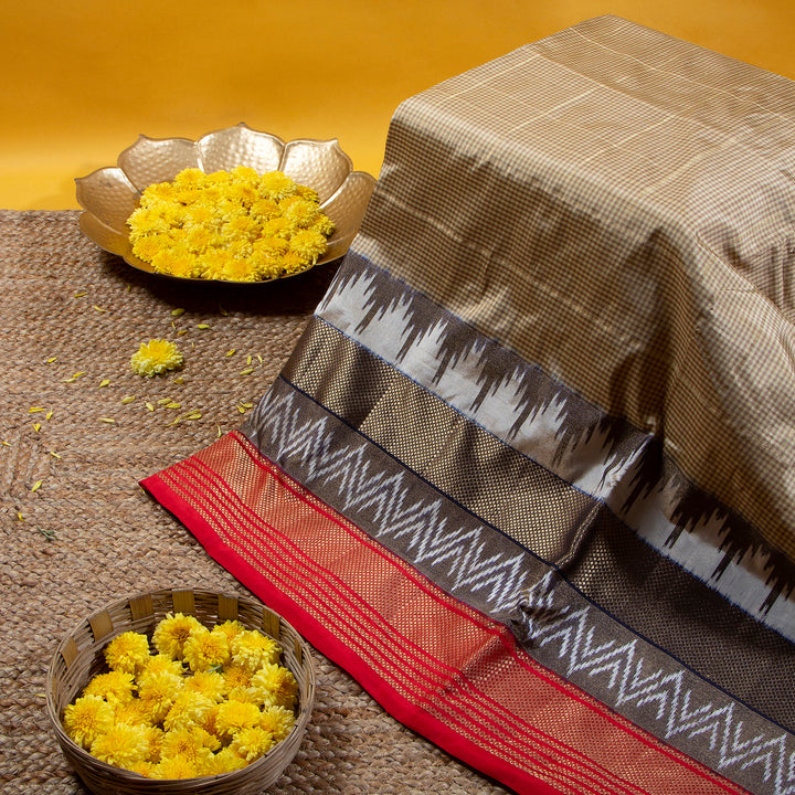 Kuberan Coffee Brown With Cherry Red Pochampally Silk Saree