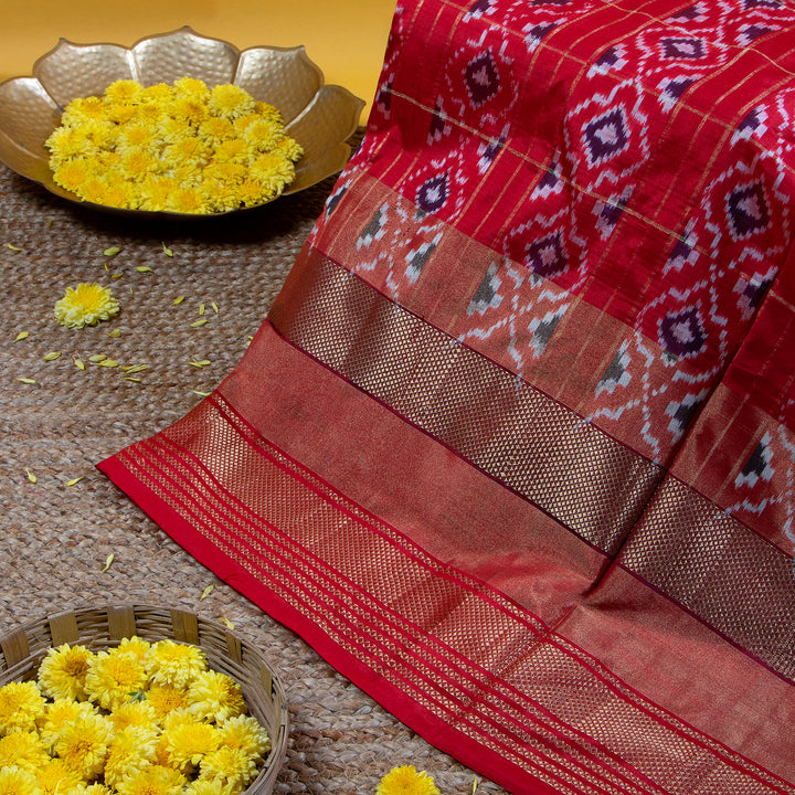 Kuberan Coffee Brown With Cherry Red Pochampally Silk Saree