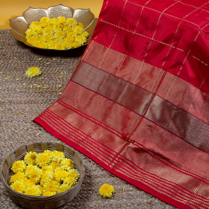Kuberan Coffee Brown With Cherry Red Pochampally Silk Saree