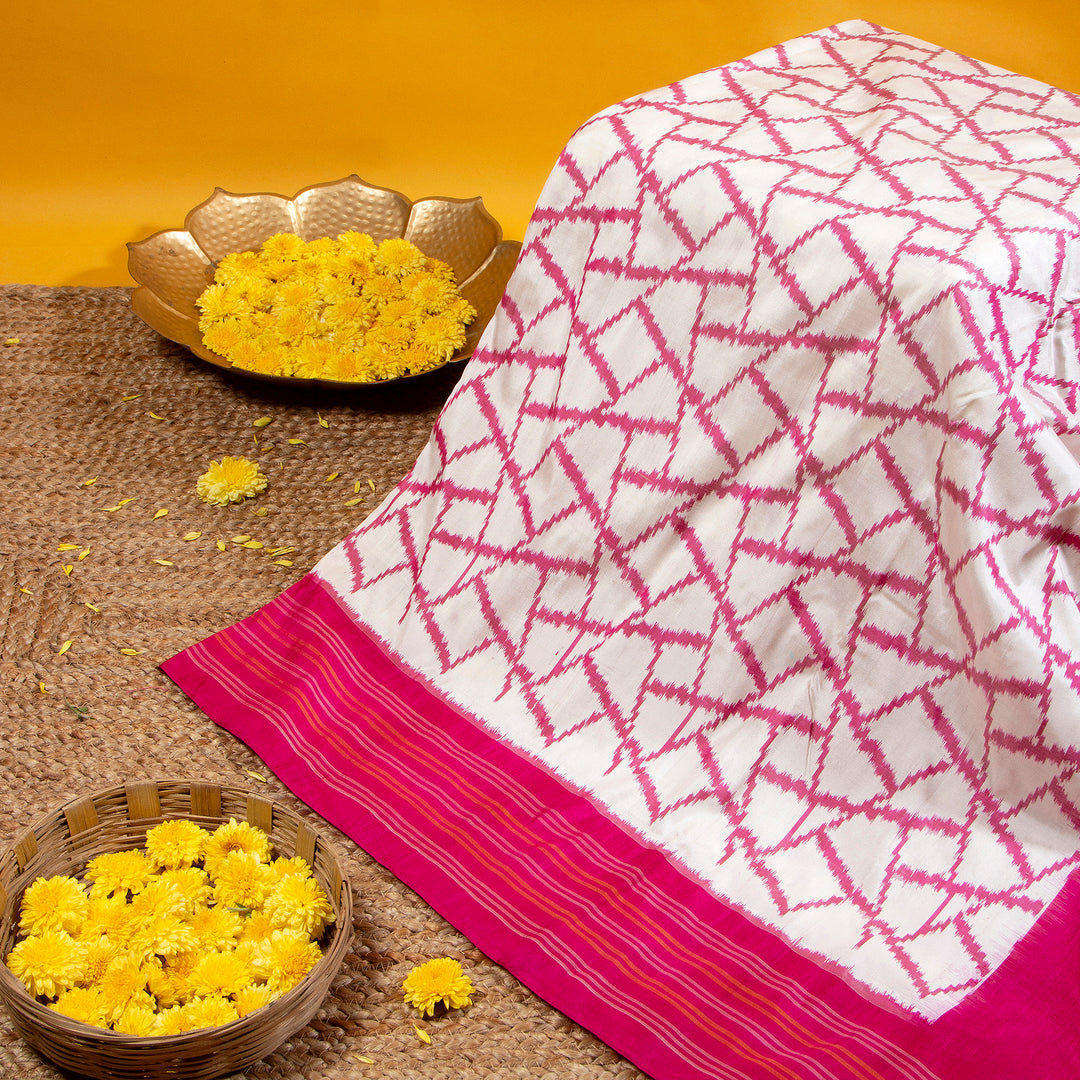 Kuberan Pastel Grey With Dark Hot Pink Pochampally Silk Saree